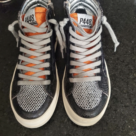 P448 Silver Leather and Black Lace Metallic Fashion High Tops - Picture 13 of 14